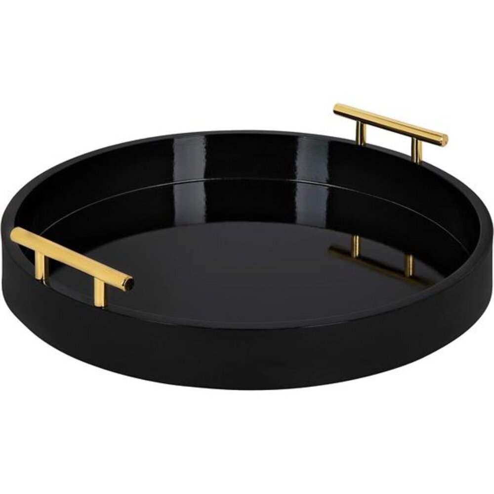 Modern Round Tray, 15.5" Diameter, Black and Gold, Decorative Accent Tray
